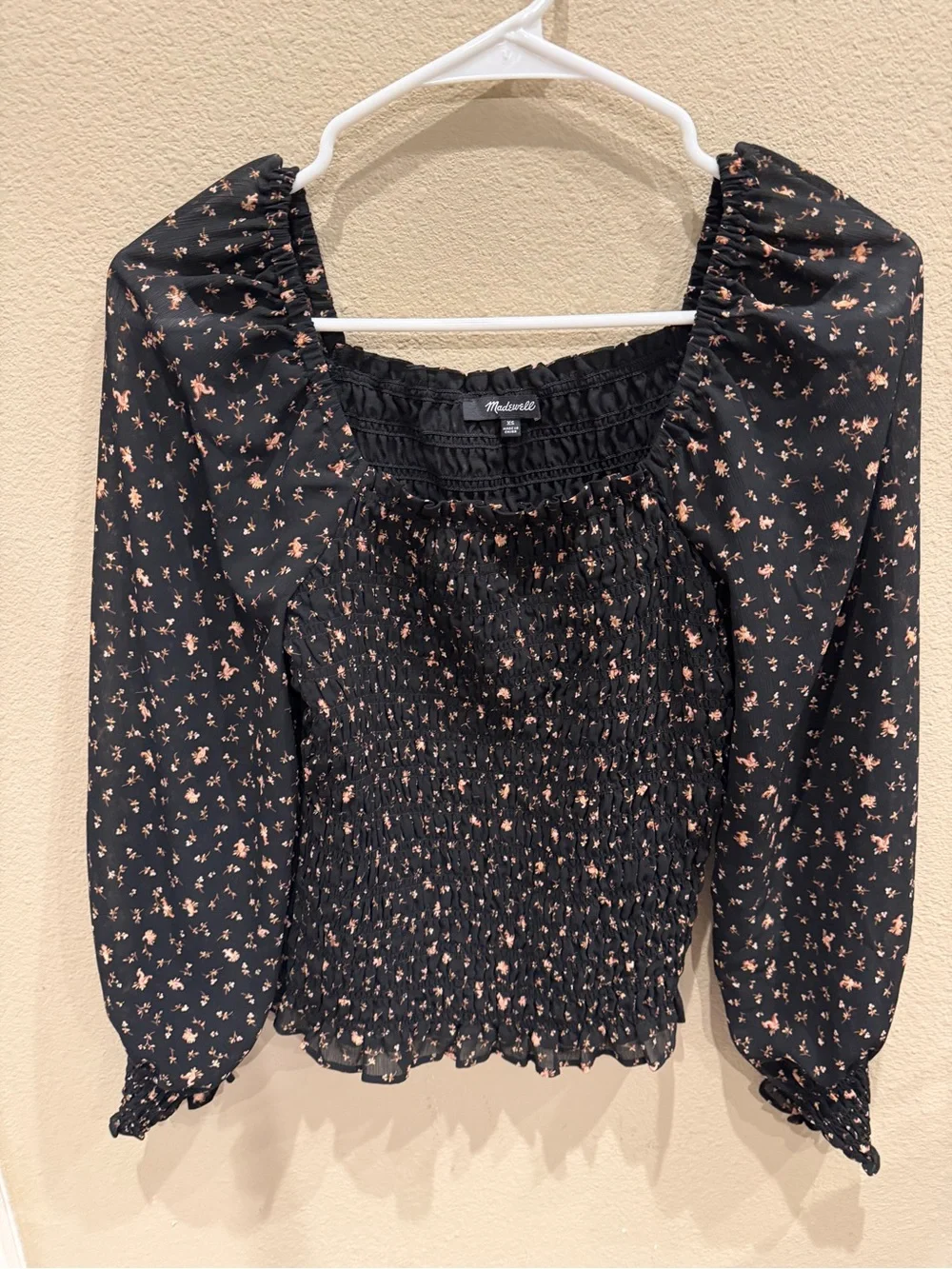 Madewell Black Floral Smocked Square-Neck Blouse